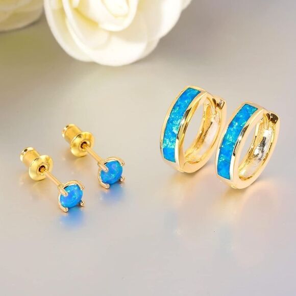 14K Yellow Gold with Genuine Blue Fire Opal Huggie and Stud Earrings Set of 2 - Picture 2 of 5